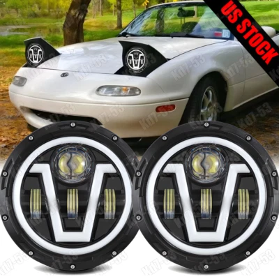 Pair DOT 7 inch Round LED Hi/Lo Beam Headlights for Mazda Miata 90-97 MX5 RX7 - Image 1 of 4