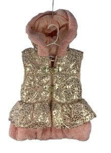 Little Lass Peachy Pink with Shiny Gold Animal Print Hoodie Puffer Vest Size 6X  - Picture 1 of 7