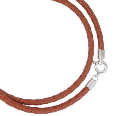 Collar con cordón de cuero genuino marrón tostado trenzado redondo de 4 mm de plata de ley de 18" Foto 1 de 3