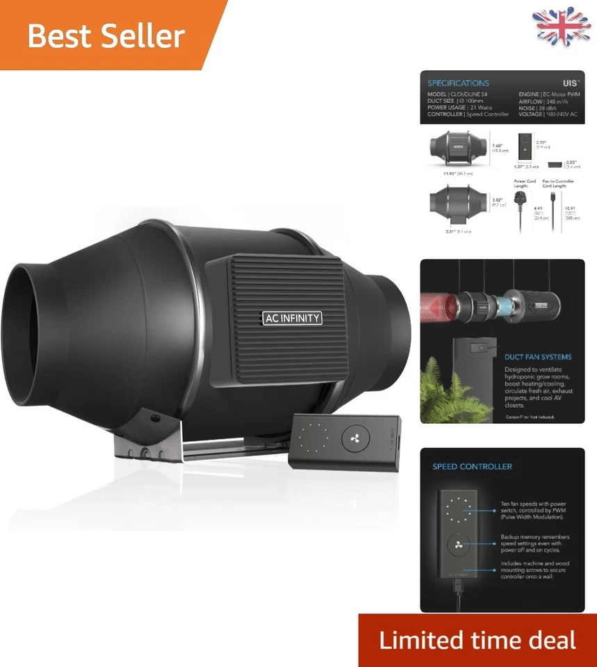 AC Infinity CLOUDLINE S4 4” Inline Duct Fan Quiet & Energy Efficient 205 CFM
