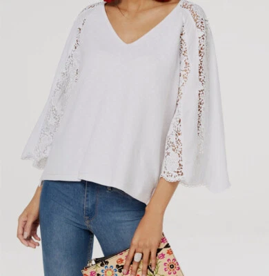 Suéter Top $80 Inc International Concepts Mujer Blanco Cuello en V Encaje Manga 3/4 S Foto 1 de 2