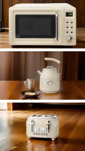 Elegantes cremefarbenes Retro Küchenset Vintage Mikrowelle, schneller Wasserkocher und großer Toaster - Bild 1 von 7