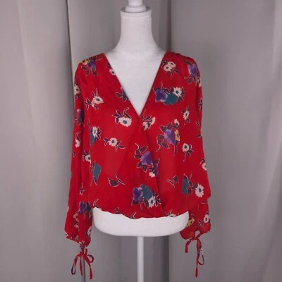 Blusa Top Mujer M Rojo Floral Sobrepelliz Imitación Envoltura Manga Corbata Geisha Parisina Foto 1 de 4