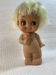 Vintage JAPAN Kewpie Style rubber vinyl doll big eyes 1960's Flower bouquet 9" - Picture 1 of 7