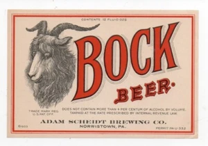 1933 Bock Beer Bottle Label Adam Scheidt Brewing Co Norristown PA - Picture 1 of 1