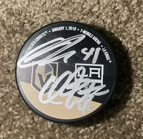 2019 VEGAS GOLDEN KNIGHTS VS LOS ANGELES KINGS Signed Cal Petersen Arena PUCK Cover
