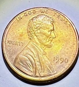 1990-P Lincoln Cent Gold Tone BU Doubled Date/Liberty Weak Reverse Error - Picture 1 of 17