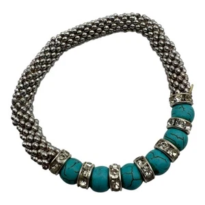 Pulsera Boho Gruesa - Bobina de Cuentas de Plata con Imitación Turquesa y Estrás - Imagen 1 de 4