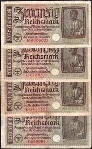 Lot of 4 x 20 Reichsmark 1940-1945 Germany occup. Pick:R139 -"VG/G" - C60 - Picture 1 of 10