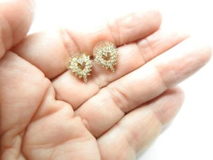 Signed Roman Clear Rhinestone Studded Gold Tone Heart Pierced Earrings Vintage - Picture 1 of 5