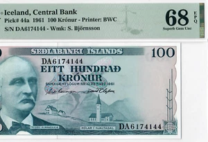 ISLANDA-100 KRONUR-1961-PICK 44a-S/N DA6174144 **PMG 68 EPQ SUPERBA GEMMA UNC** - Foto 1 di 3
