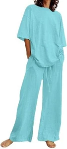 Women Summer Two Piece Outfits Loose Short Sleeve T Shirt Tees Elastic Waist Wid - Picture 1 of 31