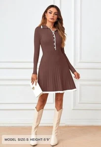 Womens Long Sleeve V Neck Sweater Dress Button Knit Pleated Mini Work Dress - Picture 1 of 9