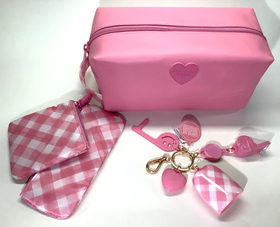 Bath & Body Works Pink Gingham 3 Bolsas de Maquillaje + Llavero Silbato Corazón Iluminado FOB Foto 1 de 4