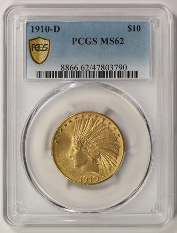1910-D Indian Head Eagle Gold $10 MS 62 PCGS Secure Shield Cover