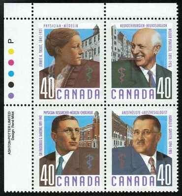 Canada sc#1305a Canadian Doctors, UL Imprint Block, Mint-NH - Image 1 of 2