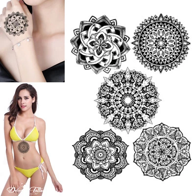 DELUSION TATTOOS Temporary Tattoo Set - Mandala Lotus Flower Henna Kit Tribal Womens Ladies x5