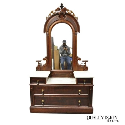 Antique Eastlake Victorian Walnut 3 Marble Tier Dresser Chest With Tall Mirror - Image 1 of 4