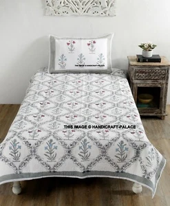 Hand Block Print Cotton Quilted Quilt Twin Size Floral Bedding Throw With Pillow - Picture 1 of 6