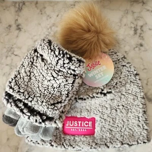 Justice Girls Sherpa Beanie Hat W/ Pom & Gloves 2 Pc Winter Set Gray NWT - Picture 1 of 4