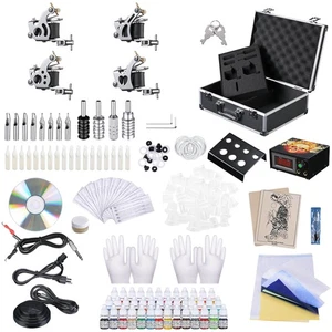 Complete Tattoo Starter Kit 4 Machine 40 Ink Power Supply Needle Grip Tip Case - Picture 1 of 12