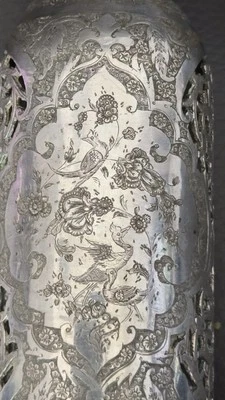 EXCEPCIONAL ANTIGO PERSA QAJAR GARRAFA PRATA DECANTADOR TRABALHO ABERTO  - Imagem 1 de 4