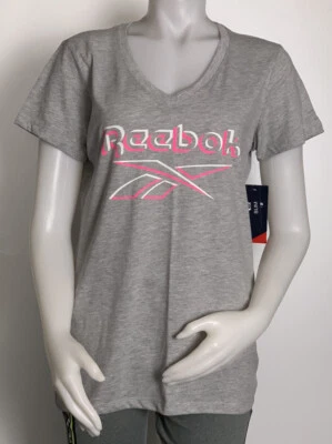 Camisa deportiva para mujer talla M Reebok Sprint Vector cuello en V manga corta gris jaspeado Foto 1 de 4