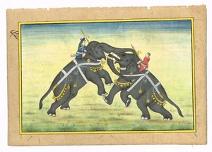 Hand Miniature Painting Of Elephant Fighting Scene Art On Paper 7.5x5.5 Inches - Picture 1 of 3