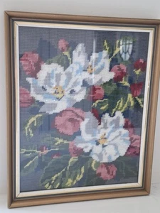 Framed Floral Needlepoint Flowers 13"× 10.5" Wood & Goldtone Frame - Picture 1 of 9