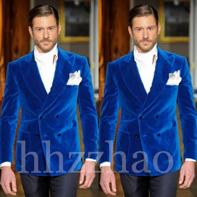 Trajes de terciopelo azul real para hombre solapa pico doble botonadura boda novio esmoquin Foto 1 de 4