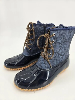 Sporto Sz 8 M Navy Blue Floral Tooled Bella Waterproof Lace-Up Duck Rain Boot  - Image 1 of 4