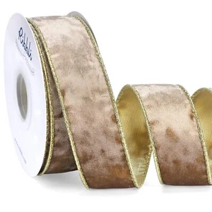 Camel Velvet Wired Ribbon 1.5 Inch Metallic Khaki Gold Crushed Velvet Christm... - Picture 1 of 5