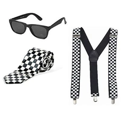 Mens Adult 1980s Ska Black White Chequered 3PC Retro Mod Fancy Dress Costume Set — 第 1/3 张图片