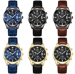 Mens Boys Quartz Luminous Classic Watches Leather Strap Black/ Brown/ Blue - Picture 1 of 10