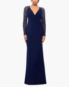 BETSY & ADAM 16 Navy & Silver Beaded Sleeve V-neck Gown NWT $269 - Picture 1 of 4