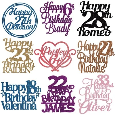 KREATESQUARE Personalised Happy Birthday Cake Topper Any Age Any Name 16 18th 21st 30th 50th