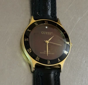 GUESS Quartz Watch Vintage 1998 Gold Tone Black Leather Analog 35 mm ** READ ** - Picture 1 of 12