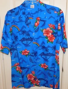 VTG WINNIE HAWAII RAINBOW BOAT FLOWER HAWAIIAN BUTTON 100% POLYESTER SHIRT XL - Picture 1 of 4
