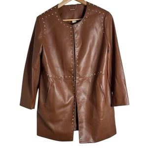 Chico's Women’s Caramel Brown Studded Faux Leather Long Line Jacket sz US 12/14P - Picture 1 of 14