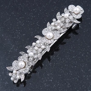 Bridal Wedding Prom Silver Tone Glass Pearl, Crystal Floral Barrette Hair Clip - Picture 1 of 4