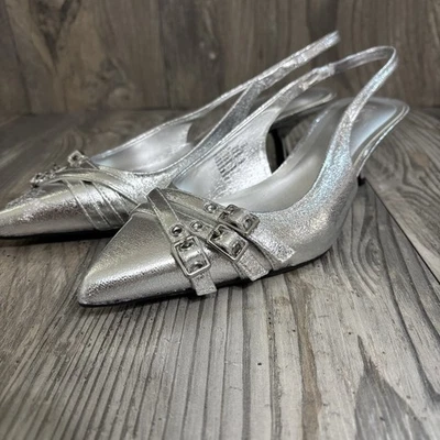 INC Silver Buckle Top Kitten Heel Slingback Pointed Toe Women’s 9 - Image 1 of 4