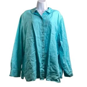 Vintage Bloomingdales Sutton Studio Women’s Aqua Linen Blouse Size 2X Preppy - Picture 1 of 11