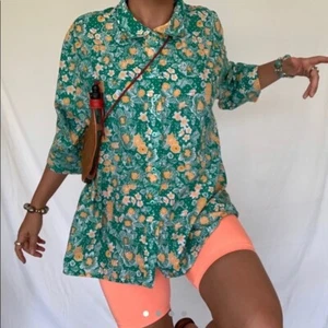 Vintage 70s Psychedelic Hawaiian Oversize Green Yellow Button Shirt Large Funky - Picture 1 of 6