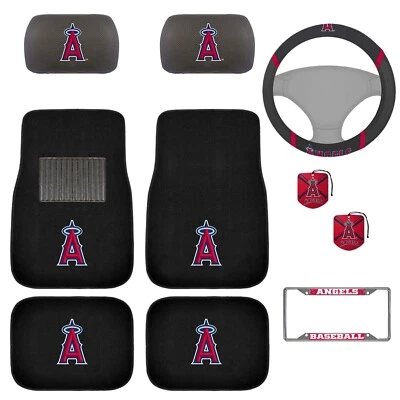 10PC MLB Angels Floor Mats Plate Frame Headrest Covers Air Fresher Wheel Cover - Image 1 of 4