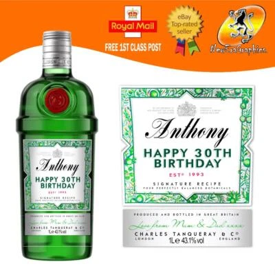PERSONALISED TANGUERAY LONDON DRY GIN BIRTHDAY BOTTLE LABEL ANY OCCASION GIFT - Image 1 of 4
