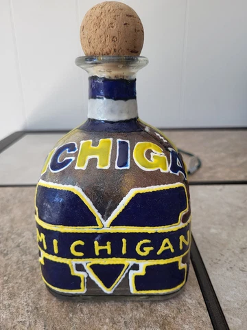 Michigan Wolverines Inspired Bottle Lamp Stained Glass Look Hand Painted Lighted Cover