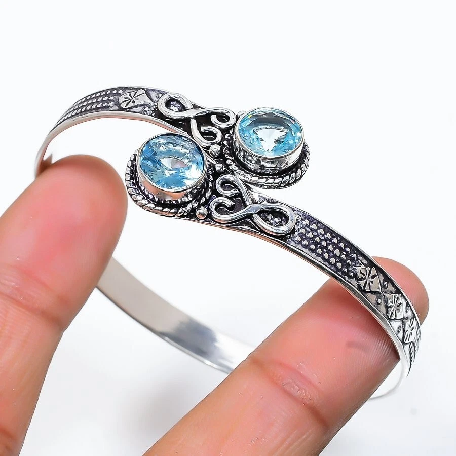 Aquamarine Gemstone 925 Sterling Silver Handmade Jewelry Bangle Size 7-8" - Image 1 of 1