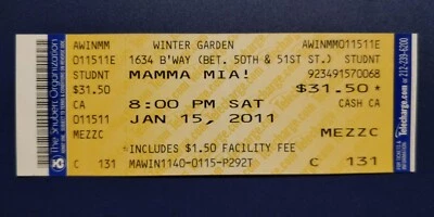 MAMMA MIA ! - UNUSED UN-CUT TICKET, Winter Garden Theatre NYC, Jan 15, 2011 MINT - Image 1 of 2