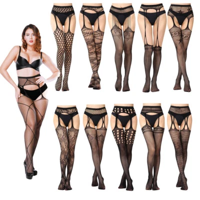 Womens Fishnet Tights Suspender Pantyhose Thigh High Stockings Black stretchy