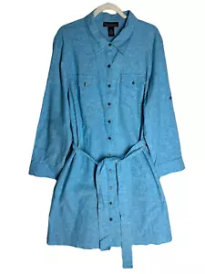 NWT- Dialogue Womens Shirt Dress Plus Size 1X Blue Linen Blend Belt Button Down - Picture 1 of 11